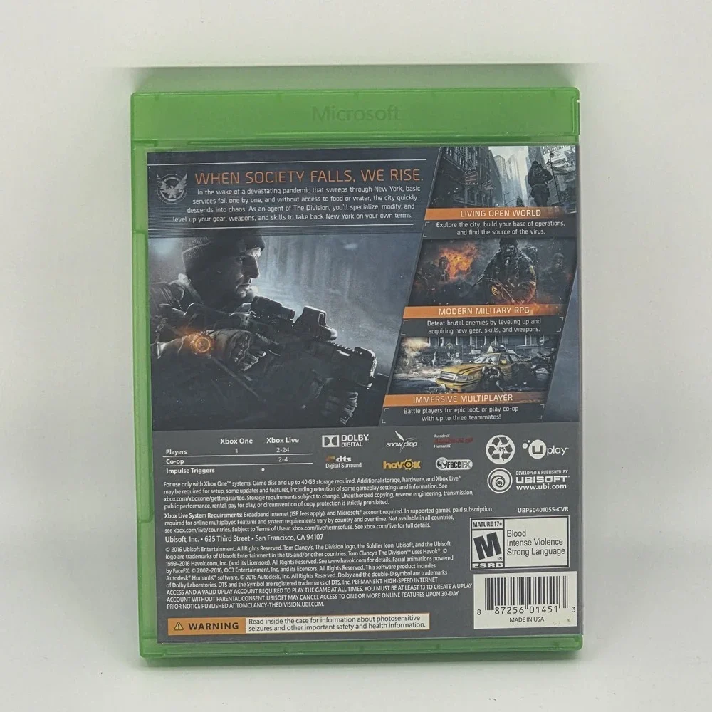 Tom Clancy's: The Division - Microsoft Xbox One Video Game Ubisoft 2017 EUC